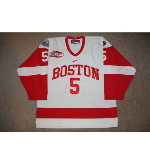 Custom NCAA 2008-09 Boston University Terriers BU 5 David Warsofsky Hockey Jersey Home White